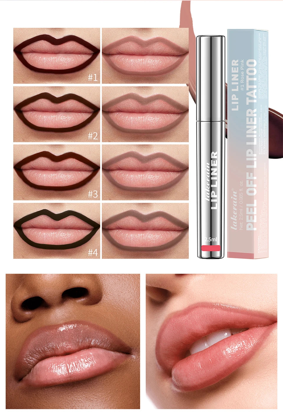 Waterproof Lip Liner Peel Off Tattoo Lipgloss, Long Lasting Matte Lip Tint Brown Contour Lips Stain Cosmetic